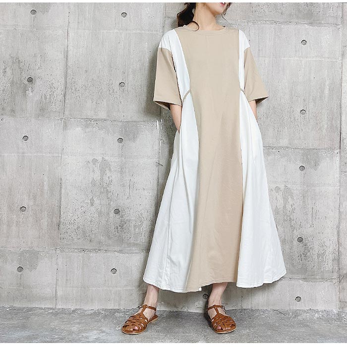 バイカラーワンピース ワンピ ウェストマーク ゆる ひざ丈 半袖 ワンピース レディース [郵3]^w650^爆買 | uricca | 13