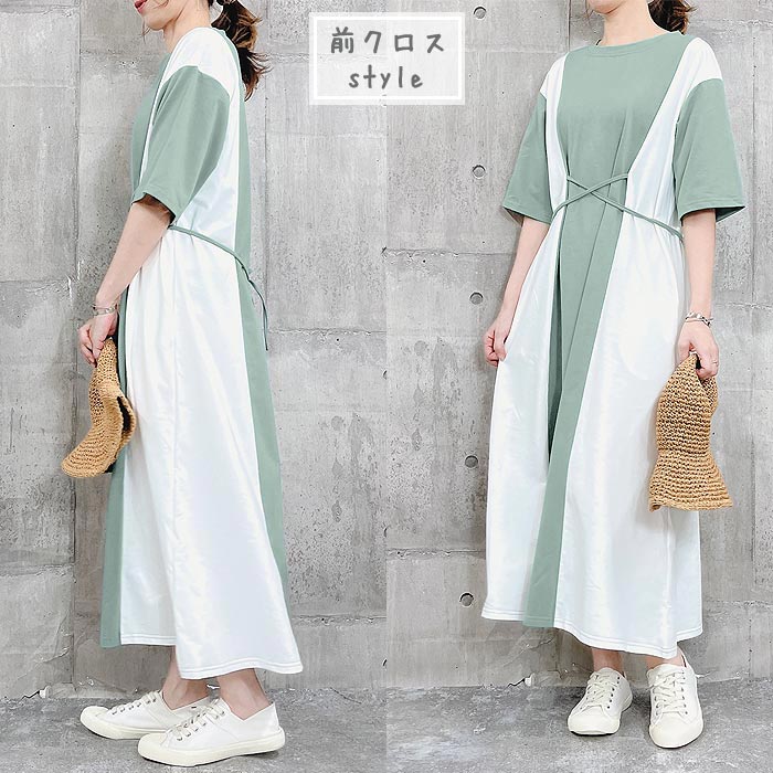 バイカラーワンピース ワンピ ウェストマーク ゆる ひざ丈 半袖 ワンピース レディース [郵3]^w650^爆買 | uricca | 16