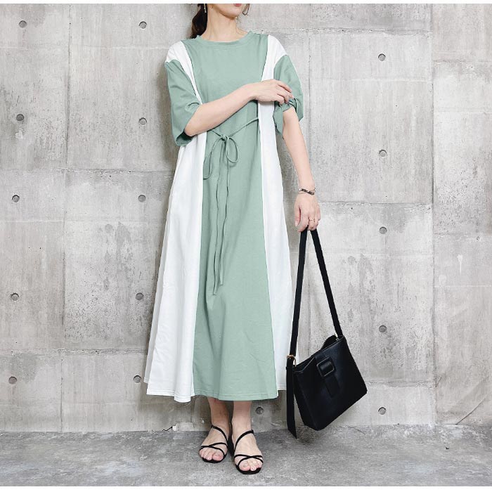 バイカラーワンピース ワンピ ウェストマーク ゆる ひざ丈 半袖 ワンピース レディース [郵3]^w650^爆買 | uricca | 17