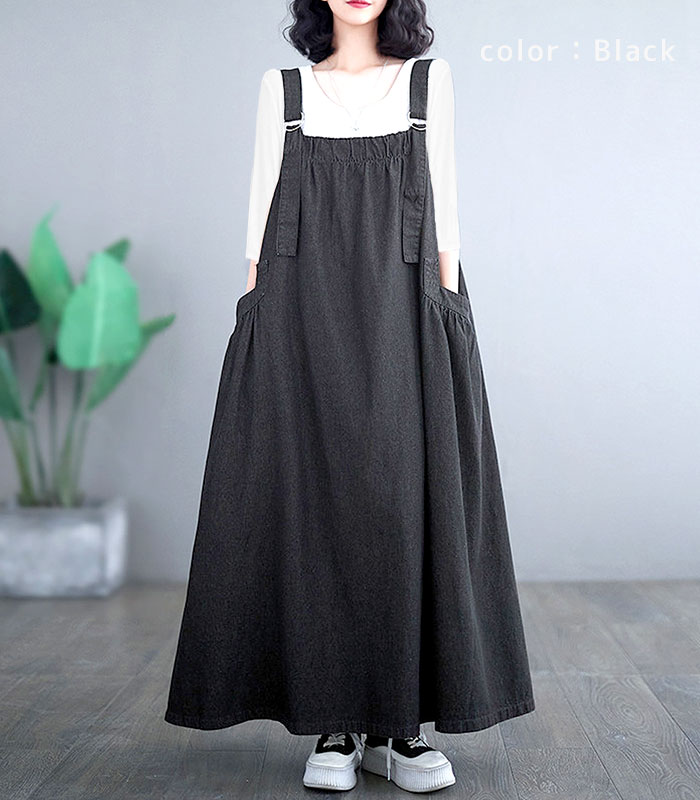 ジャンパースカート ワンピース レディース ジャンパースカート デニム 春 夏 秋 冬 黒 おしゃれ ロング ジャンスカ ^w691^ | uricca | 23