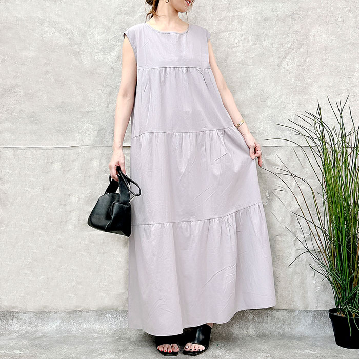 ワンピース レディース ノースリーブ 春 夏 黒 おしゃれ リネンライク ロング マキシ丈 麻タッチ 綿混 [郵3]^w708^ | uricca | 03