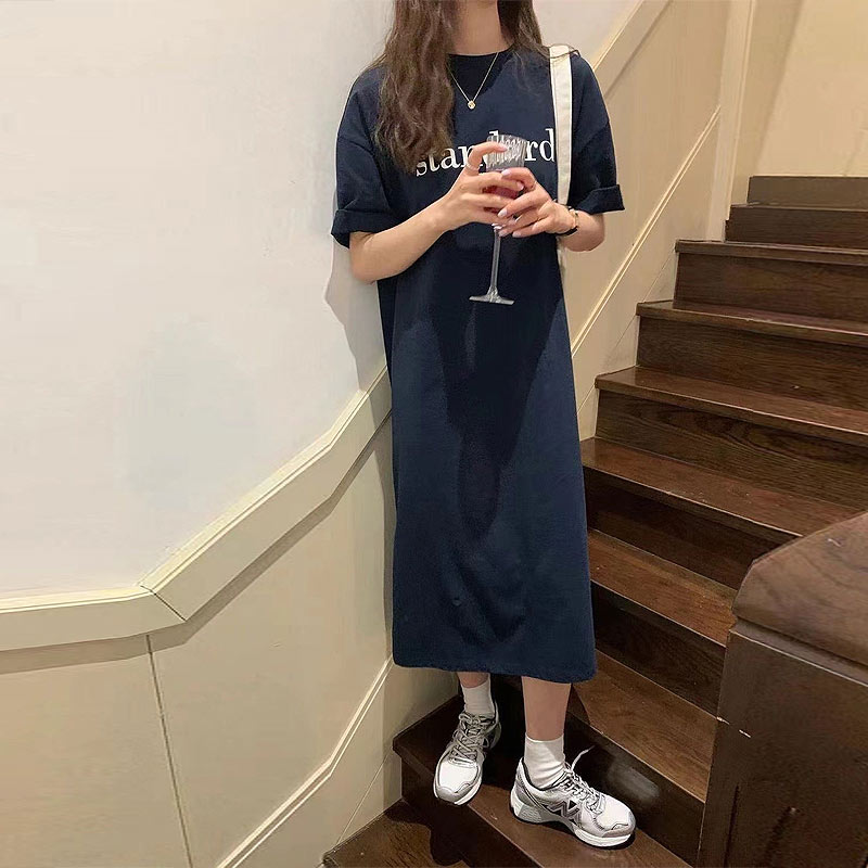 シャツワンピース ワンピース レディース 半袖 春 夏 黒 白 Tシャツ ロゴ プリント ひざ丈 ロング [郵2]^w709^ | uricca | 04