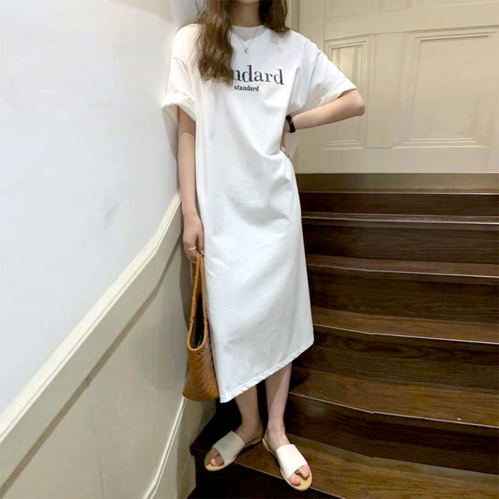 シャツワンピース ワンピース レディース 半袖 春 夏 黒 白 Tシャツ ロゴ プリント ひざ丈 ロング [郵2]^w709^ | uricca | 01