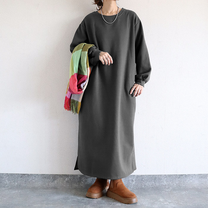 ワンピース レディース スウェット 秋 冬 黒 長袖 無地 マキシ丈 裏起毛 体形カバー ポケット付 選べる丈 極暖 ^w714+sh-423^ | uricca | 02