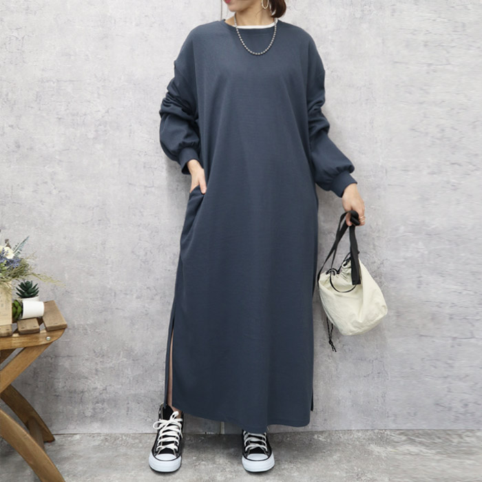 「1495円 3点購入クーポンで」 ワンピース ワンピ レディース ロング 長袖 春 黒 おしゃれ 薄手 ワッフル 袖リブ ぽわん袖 ゆったり [郵3]^w717^ | uricca | 02