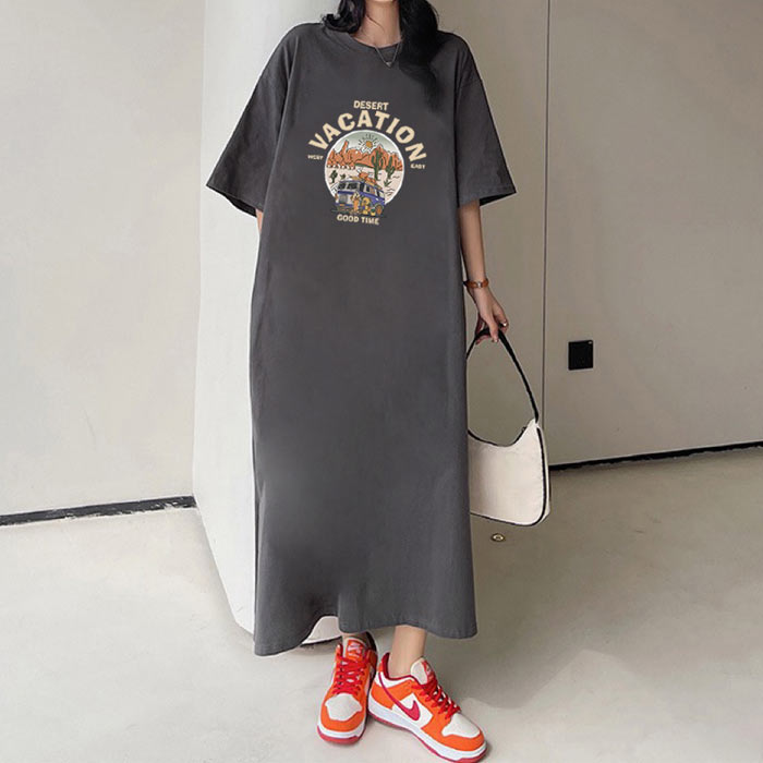 ワンピース レディース Tシャツワンピ―ス 半袖 Tシャツ ロゴT ワンピ プリント ロング 夏 黒 おしゃれ[郵3]^w722^ | uricca | 02