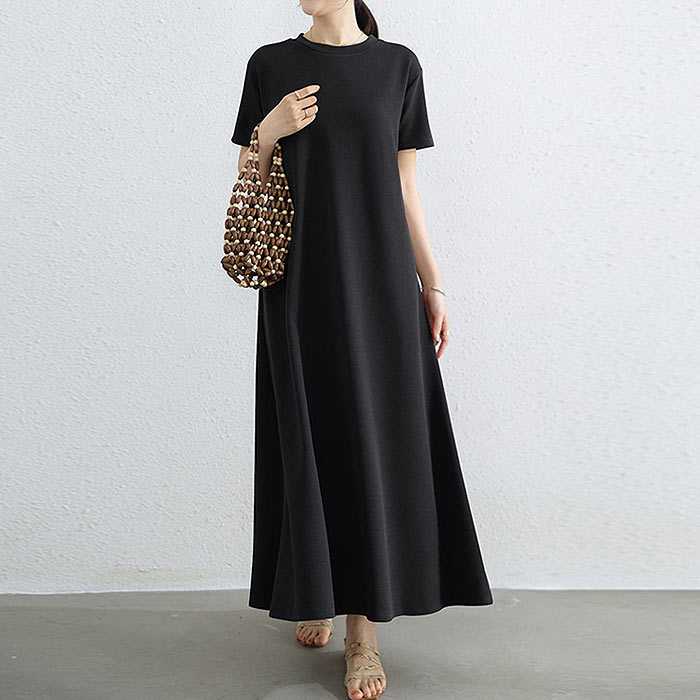 ワンピース レディース 半袖 フレア ロングワンピ エンボス 無地 ルームウェア きれいめ おしゃれ 春 夏 黒[郵3]^w723^ | uricca | 01