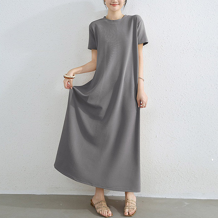 ワンピース レディース 半袖 フレア ロングワンピ エンボス 無地 ルームウェア きれいめ おしゃれ 春 夏 黒[郵3]^w723^ | uricca | 02