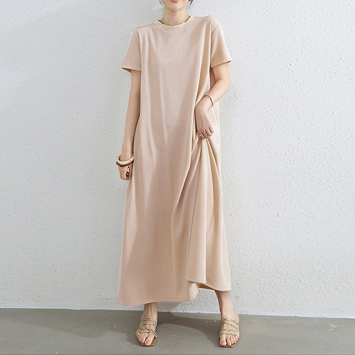 ワンピース レディース 半袖 フレア ロングワンピ エンボス 無地 ルームウェア きれいめ おしゃれ 春 夏 黒[郵3]^w723^ | uricca | 04