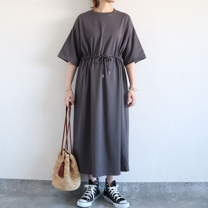 ワンピース レディース ウエストマーク 夏 黒 白 無地 きれいめ おしゃれ 半袖 ロング丈 綿混 コットン混[郵3]^w724^ | uricca | 03