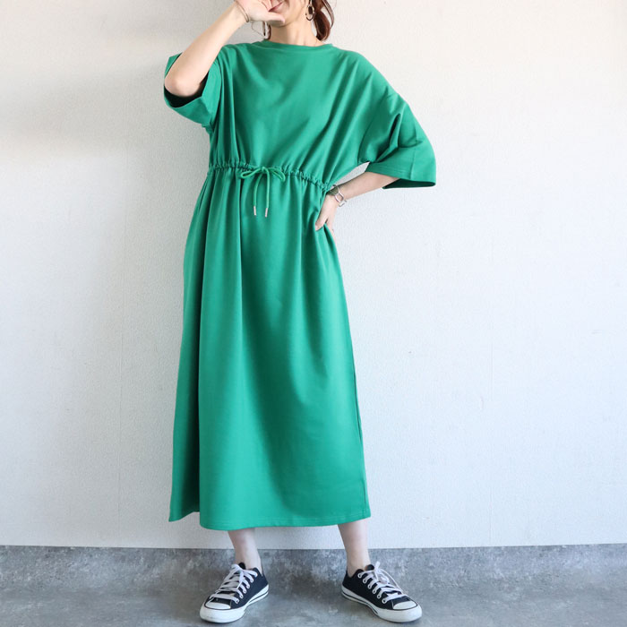 ワンピース レディース ウエストマーク 夏 黒 白 無地 きれいめ おしゃれ 半袖 ロング丈 綿混 コットン混[郵3]^w724^ | uricca | 07