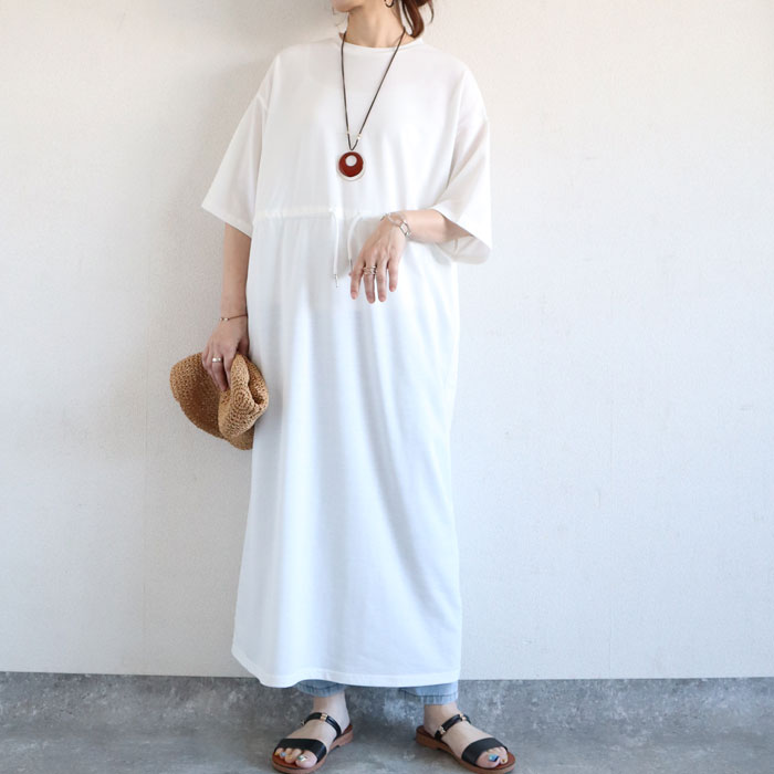 ワンピース レディース ウエストマーク 夏 黒 白 無地 きれいめ おしゃれ 半袖 ロング丈 綿混 コットン混[郵3]^w724^ | uricca | 01