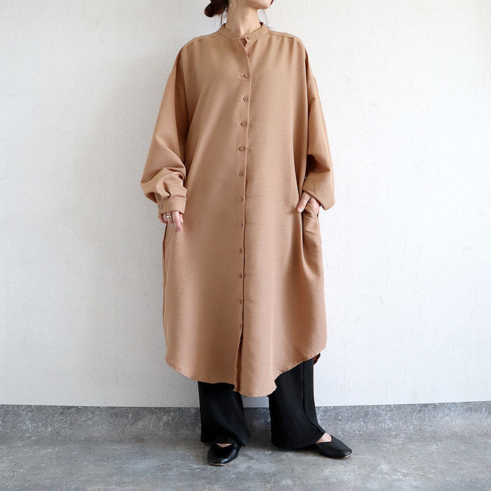 2495円 クーポンで！ ワンピース レディース シャツワンピース 長袖 ロング 春 秋 冬 おしゃれ かわいい 30代 40代 ノーカラー シワ加工 重ね着[郵3]^w726^ | uricca | 01