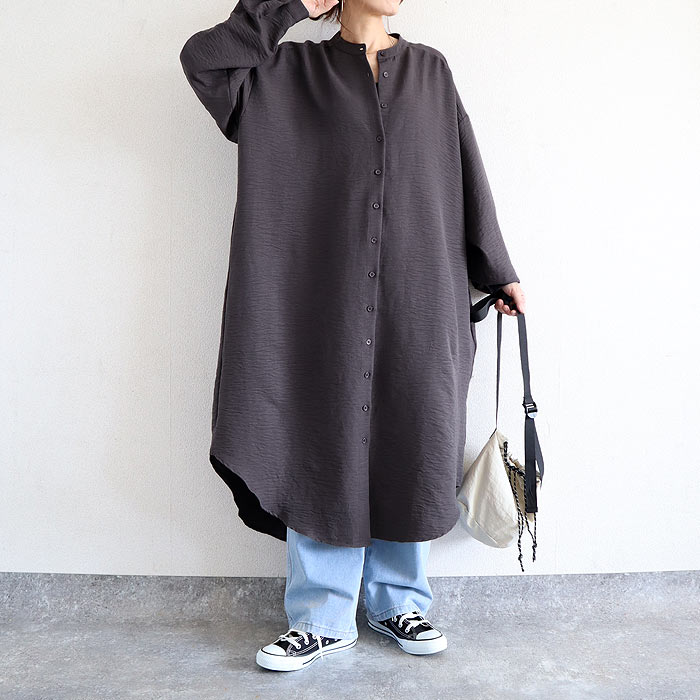 2495円 クーポンで！ ワンピース レディース シャツワンピース 長袖 ロング 春 秋 冬 おしゃれ かわいい 30代 40代 ノーカラー シワ加工 重ね着[郵3]^w726^ | uricca | 02