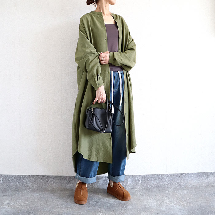 2495円 クーポンで！ ワンピース レディース シャツワンピース 長袖 ロング 春 秋 冬 おしゃれ かわいい 30代 40代 ノーカラー シワ加工 重ね着[郵3]^w726^ | uricca | 03