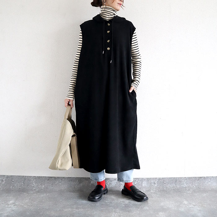 2691円 クーポンで！ ワンピース レディース コーデュロイ 秋 冬 白 黒 おしゃれ かわいい フード ノースリーブ 重ね着 ミドル丈 ゆったり [郵3]^w728^ | uricca | 02