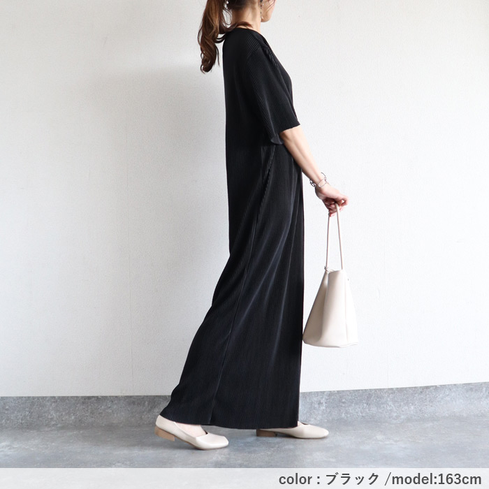 ワンピース レディース プリーツ ロング 半袖 セルフカット 美脚効果 黒 春 夏 秋 おしゃれ かわいい [郵3]^w730^ | uricca | 11