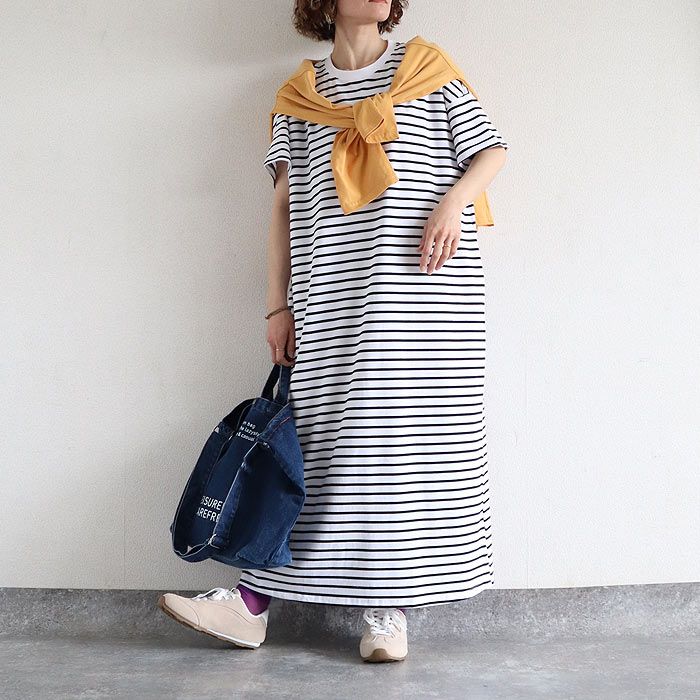 ワンピース レディース 夏 白 黒 無地 ボーダー おしゃれ 半袖 Iライン ロング丈 マキシ丈 体型カバー 綿100％[郵2]^w731^ | uricca | 03