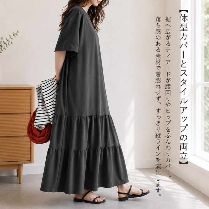 2334円 クーポンで！ ワンピース レディース ティアードワンピース 春 夏 黒 白 無地 おしゃれ 半袖 五分袖 フレア シンプル 選べる丈 [郵3]^w732^ | uricca | 10