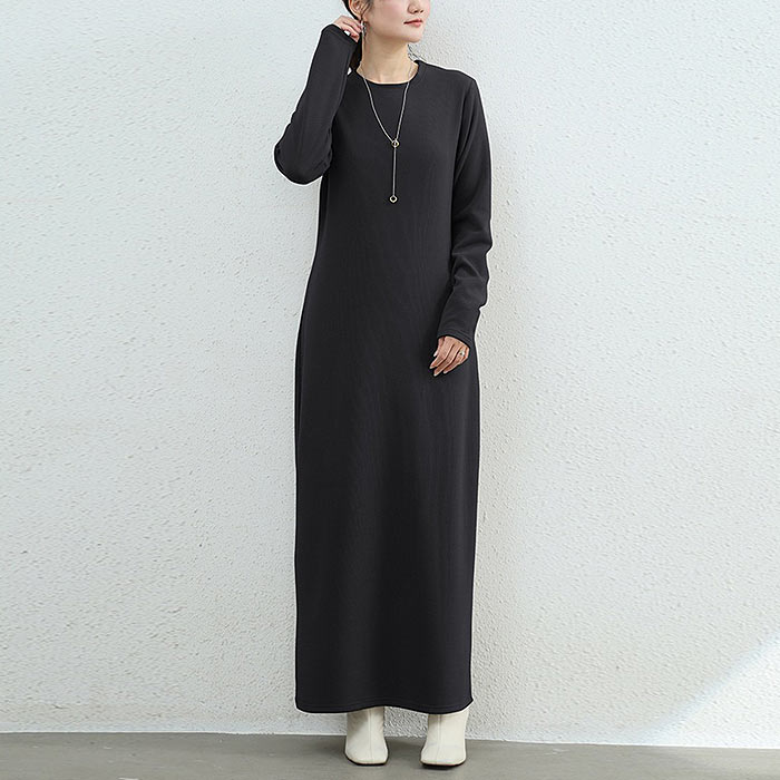 裏起毛 ワンピース レディース ロング マキシ丈 ハイネック あったか 秋 冬 長袖 無地 クルーネック おしゃれ カジュアル 白 黒 両面起毛 ^w735^ | uricca | 01
