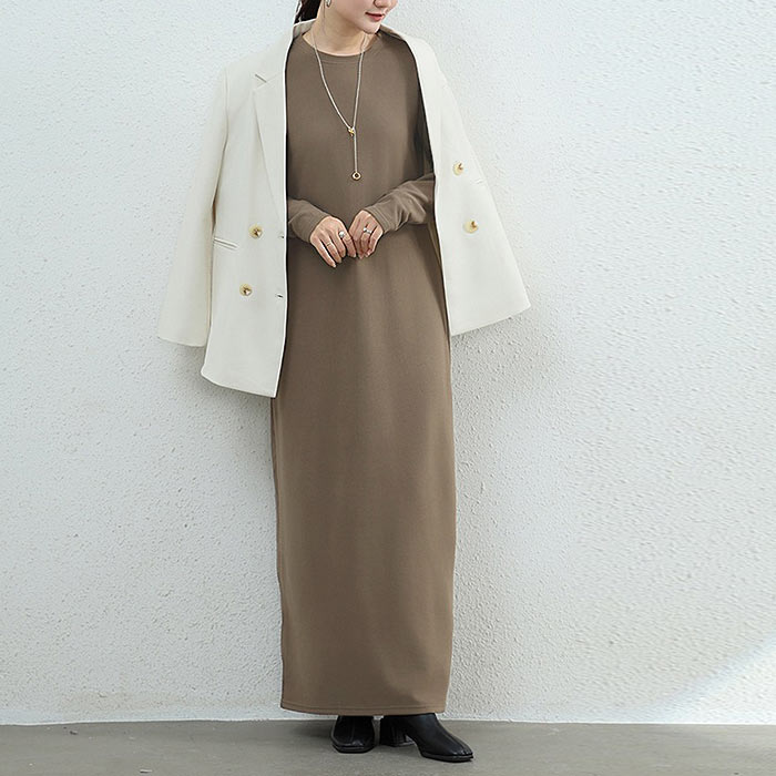 裏起毛 ワンピース レディース ロング マキシ丈 ハイネック あったか 秋 冬 長袖 無地 クルーネック おしゃれ カジュアル 白 黒 両面起毛 ^w735^ | uricca | 03