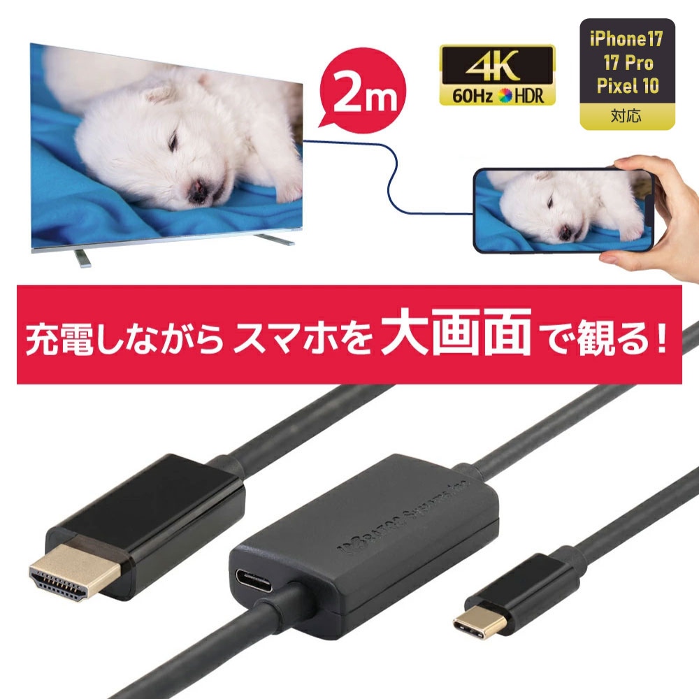 USB Type-C to HDMI 変換ケーブル（PD対応・2m）RS-UCHD4K60-2M  iPhone17 対応 ケーブル Type-C 4K60Hz HDR USB-C | 