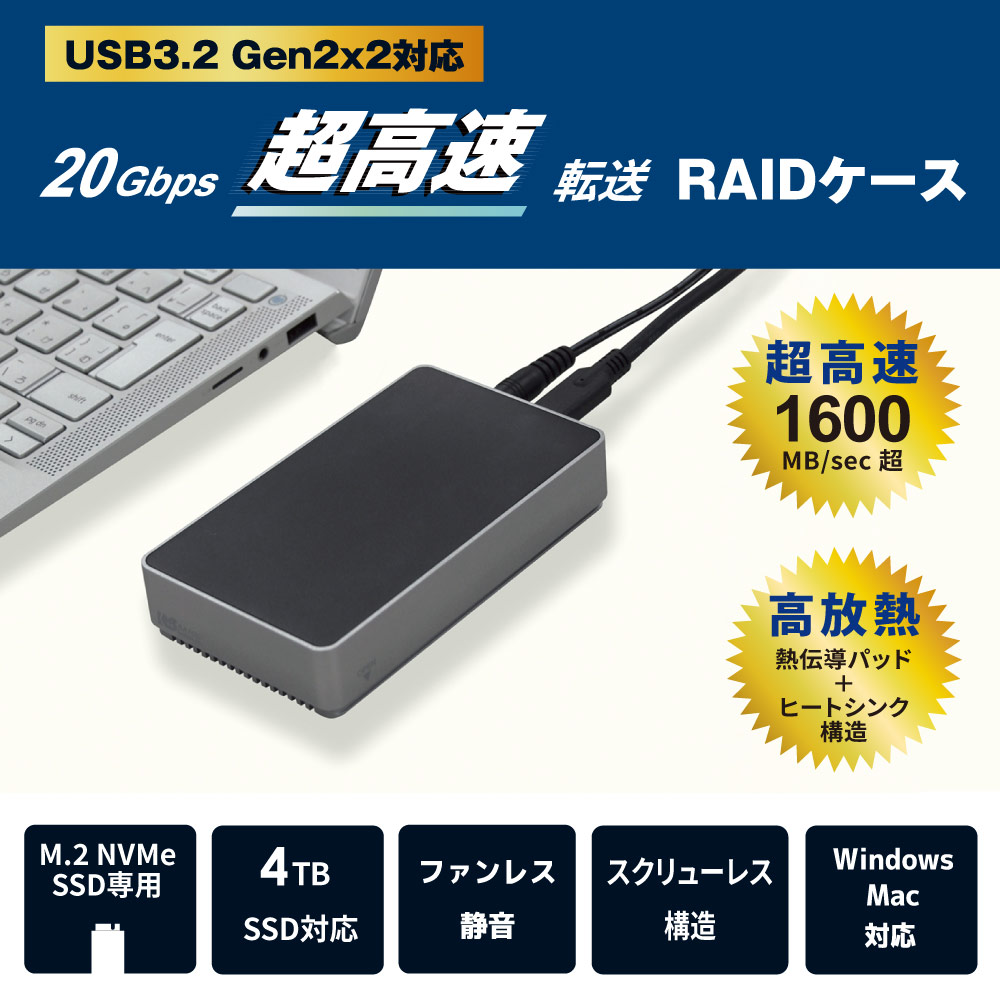 M.2 NVMe SSD RAID ケース USB-C 20Gbps USB 20Gbps RAIDケース（M.2/NVMe SSD 2台用）RS-ECM2-R20G