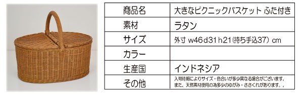 大きなピクニックバスケット ふた付 ラタン 籐かご おしゃれ