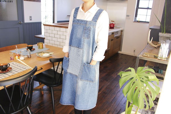 パッチワーク デニム プルオーバー エプロン おしゃれ カフェ : ラタン