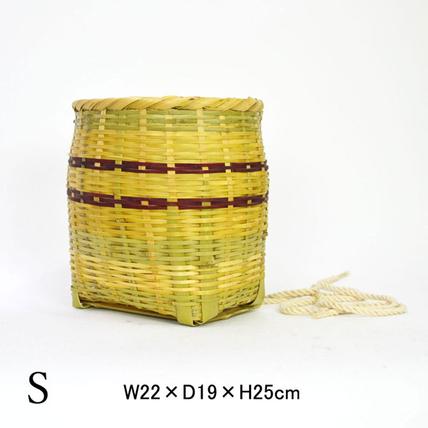 竹の収穫かご 青竹 腰籠 横縞 茶 S 山菜採り 農具 竹籠 : ラタンハウス