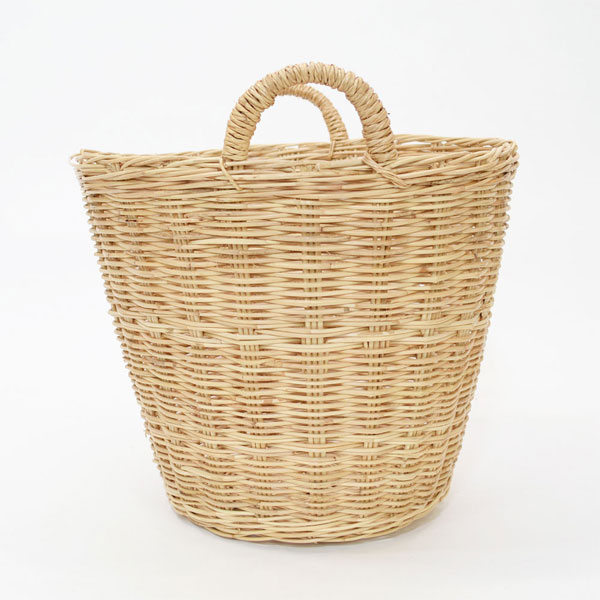 タイ製 ラタンラウンドバスケットLサイズ 持ち手付 かご 収納 : ラタン