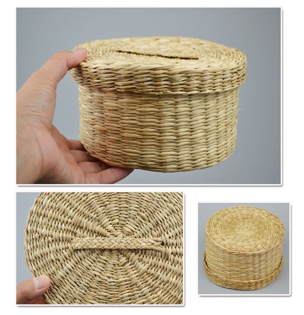 シーグラス 蓋付き バスケット M 収納 ラウンド フタつき : ラタン