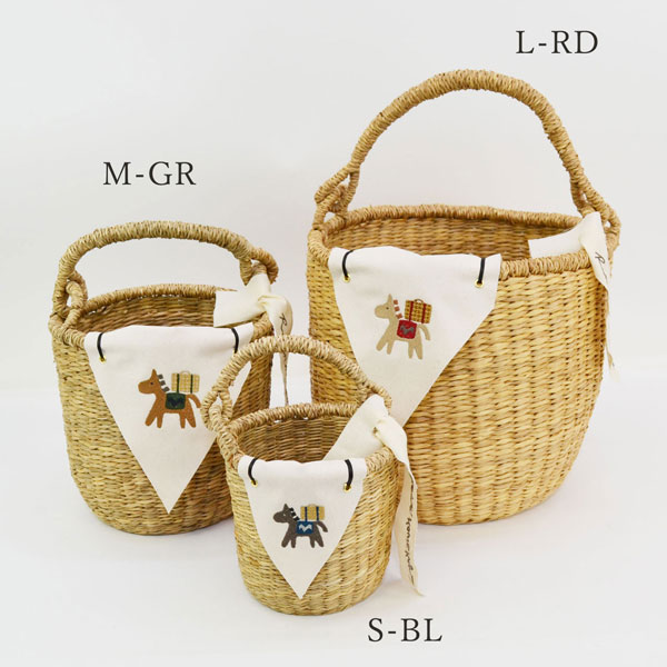 Fine様 オーダーかごバッグ バスケット完成品 刺繍フラッグバスケット L ホワイトホース×赤 かごバッグ : ラタン