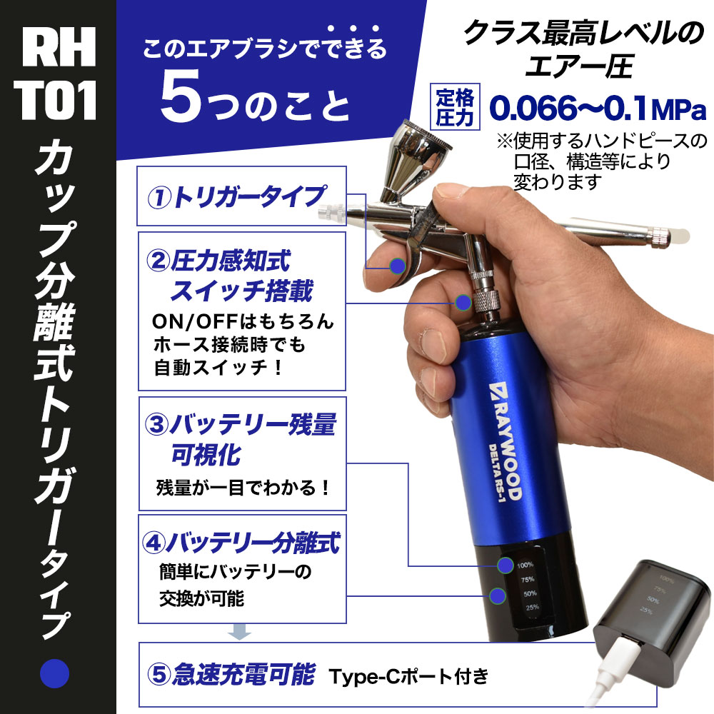 レイウッド エアブラシ デルタRS-1 充電式 コンプレッサー セット 塗装 持ち運び ダブルアクション 自動電源 オートスイッチ 塗料 カップ  一体型 0.3 口径