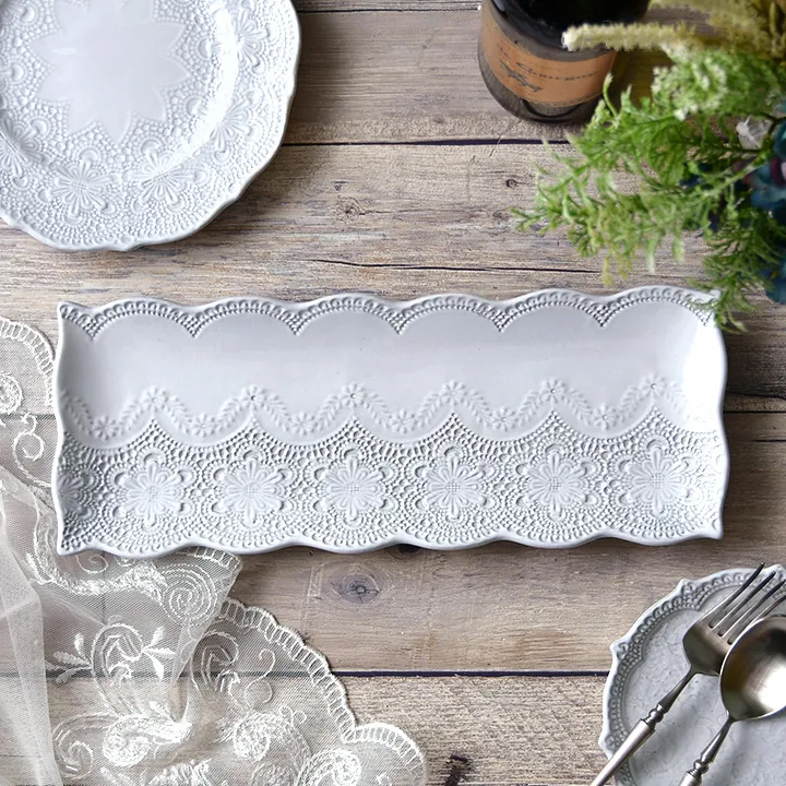 メルレット ホワイトレース レクタングルプレートラ・セラミカ 新品