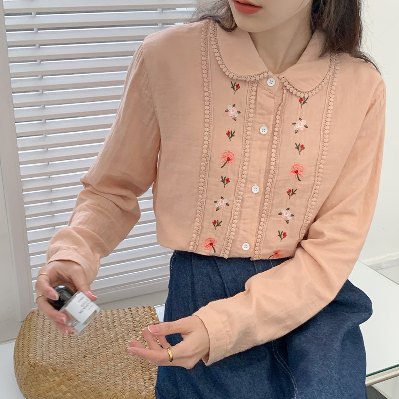 【2023 春】シャツ レディース 長袖 刺繍 日本風 春 夏 秋 ホワイト ピンク ブルー