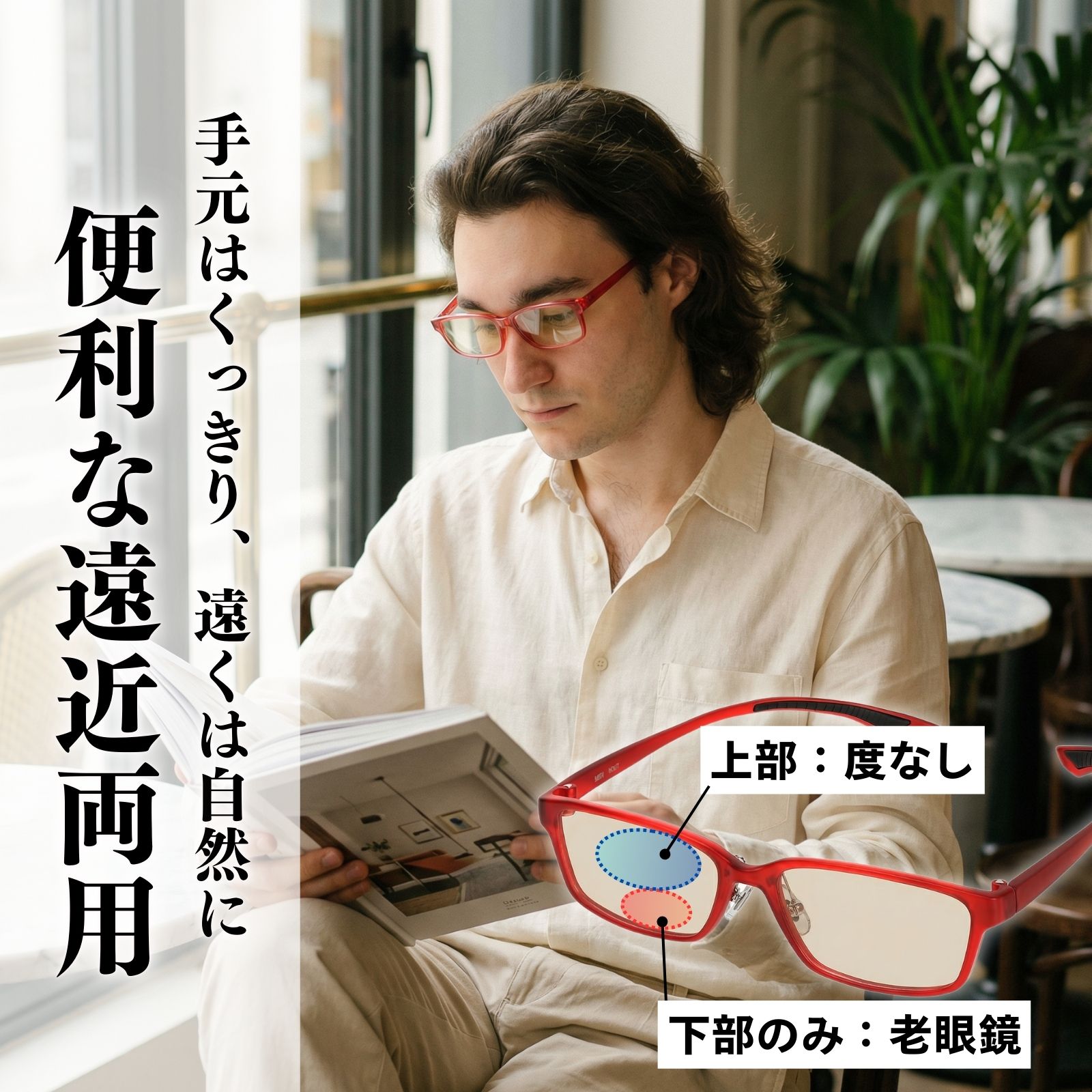 MIDI 薄い色付きレンズの遠近両用メガネ 遠近両用老眼鏡 累進多焦点