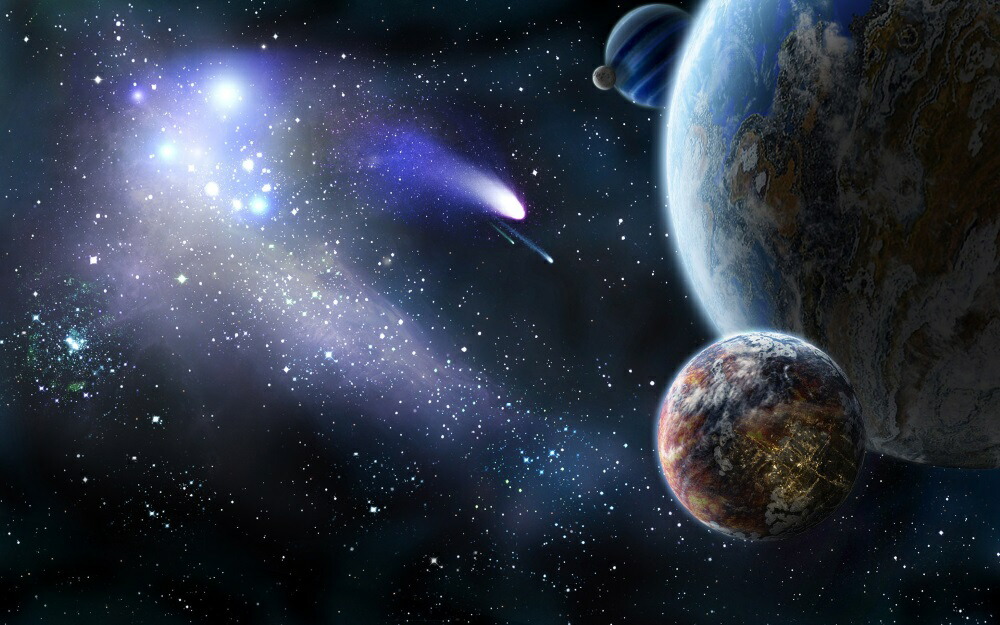 絵画風 壁紙ポスター (はがせるシール式) 宇宙の惑星と彗星 流れ星