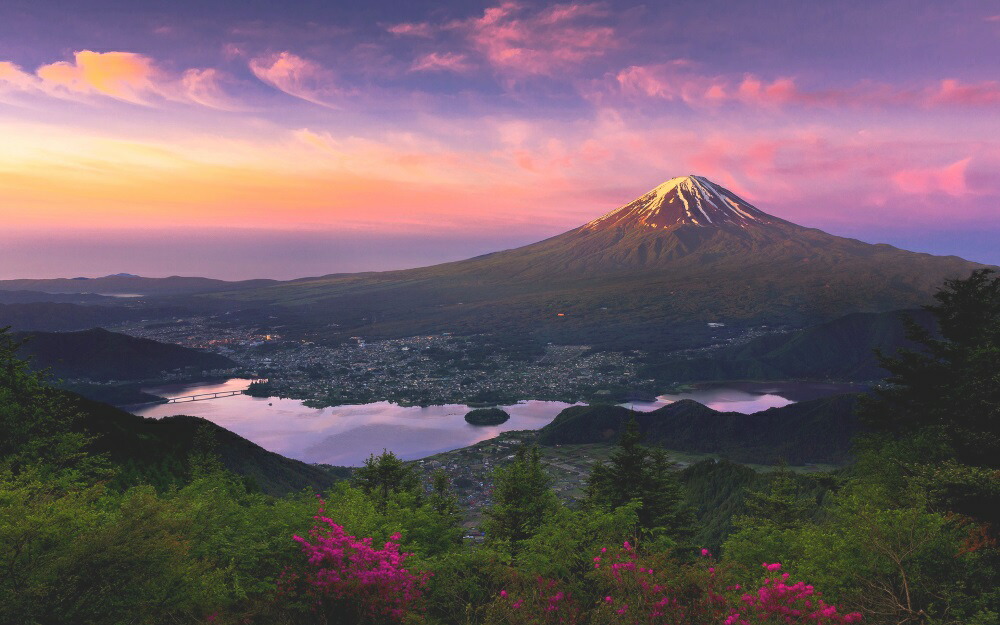 絵画風 壁紙ポスター (はがせるシール式) 夜明けの富士山と河口湖畔