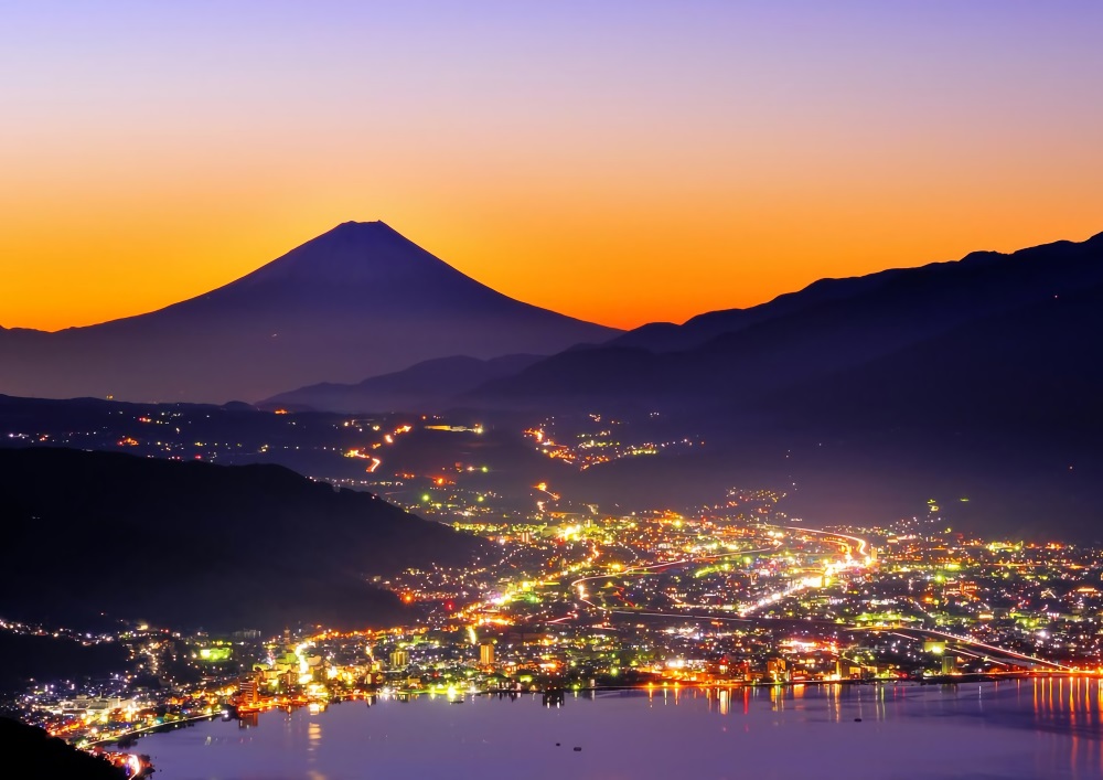絵画風 壁紙ポスター (はがせるシール式) 諏訪湖 夜景 富士山 夕焼け
