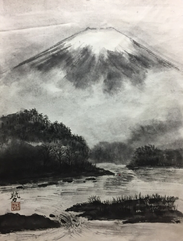 絵画風 壁紙ポスター (はがせるシール式) 霧富士と渓流 富士山 水墨画