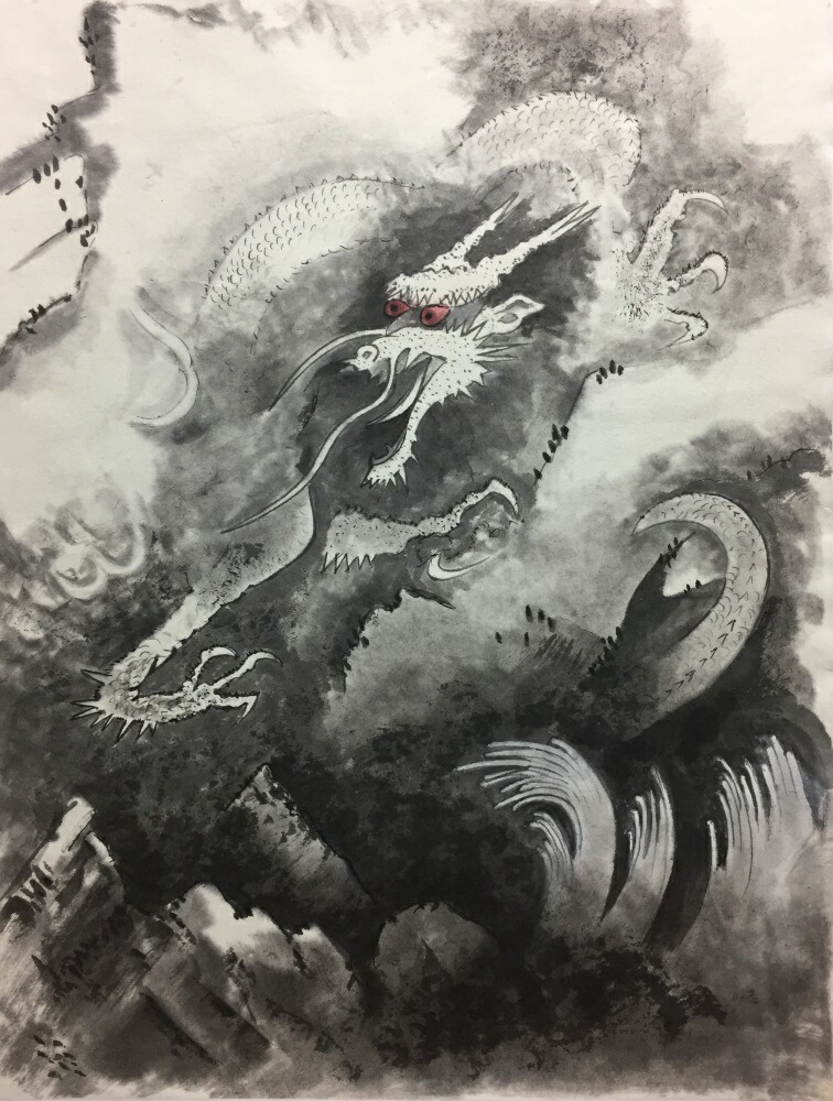 絵画風 壁紙ポスター (はがせるシール式) 龍 飛竜 りゅう 水墨画