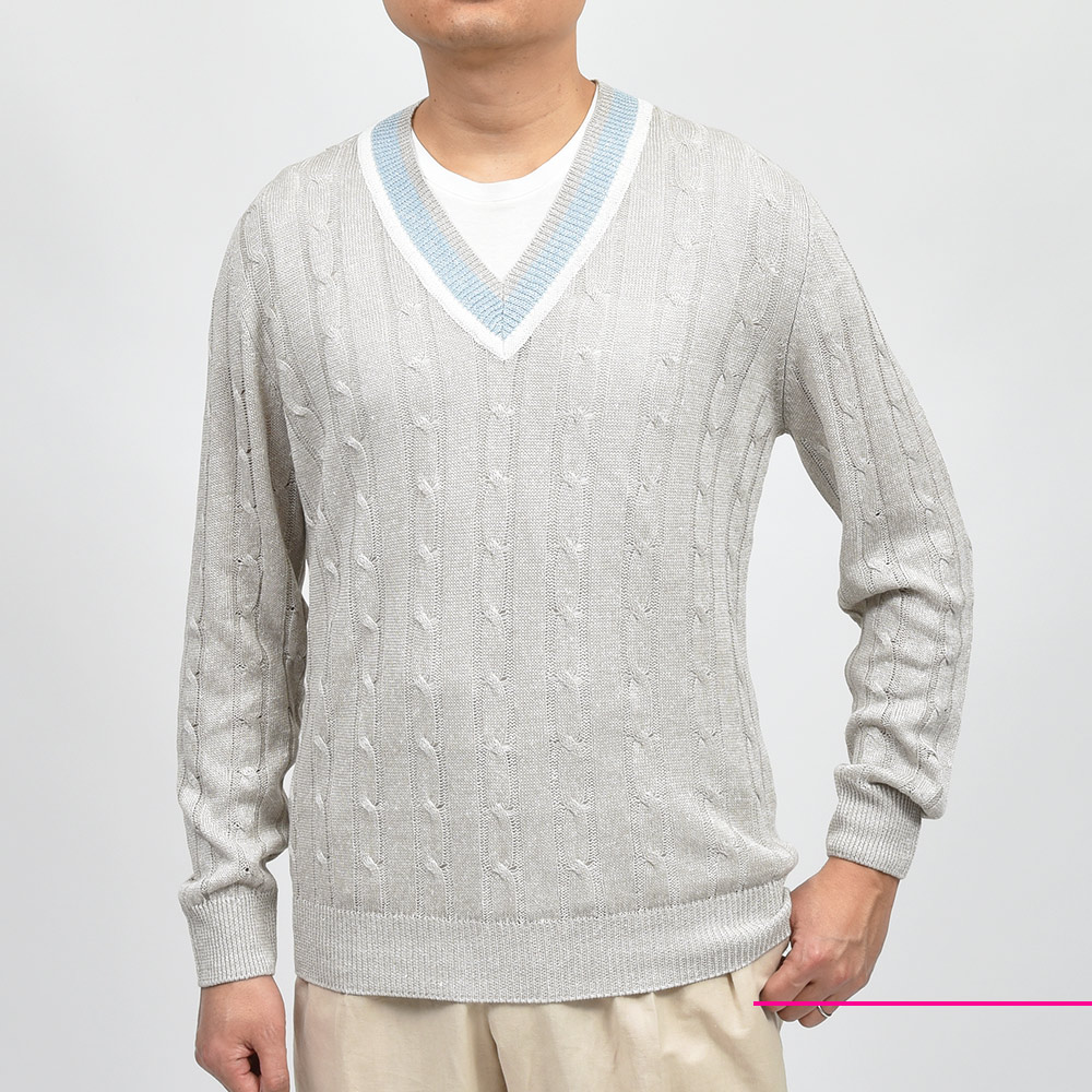 MORGANO★新品モルガーノ 麻綿チルデンニット50 グレージュ×青×白 morgano モルガーノ リネン コットン 7ゲージ ケーブル Vネック