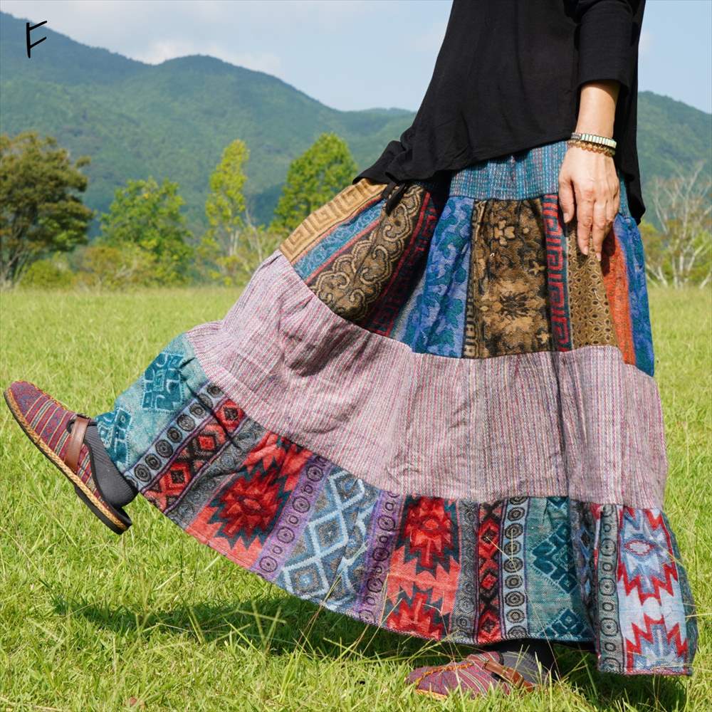 エスニック フレアロングスカート アクリル素材 9デザイン ほんのり