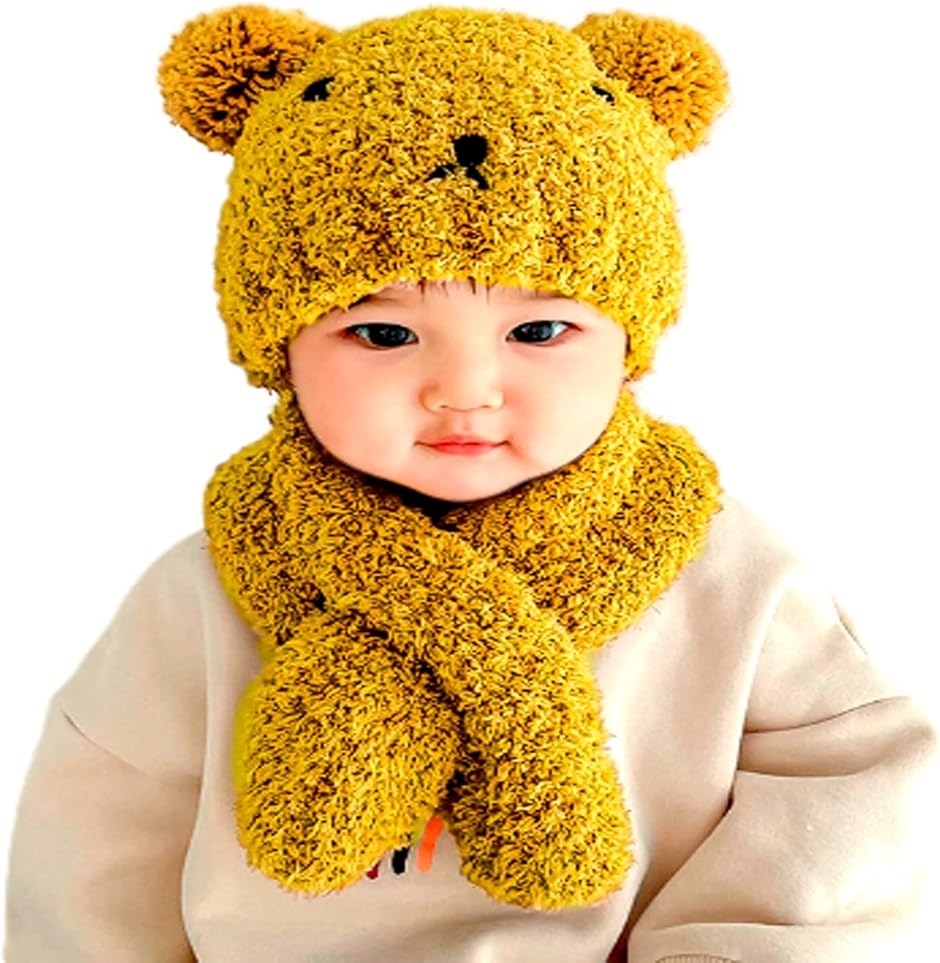 ミャオッティ ベビーニット帽子 マフラー 2点セット くま 赤ちゃん 新生児 冬 耳付き 防寒対策(イエロー,  3-3 Years)