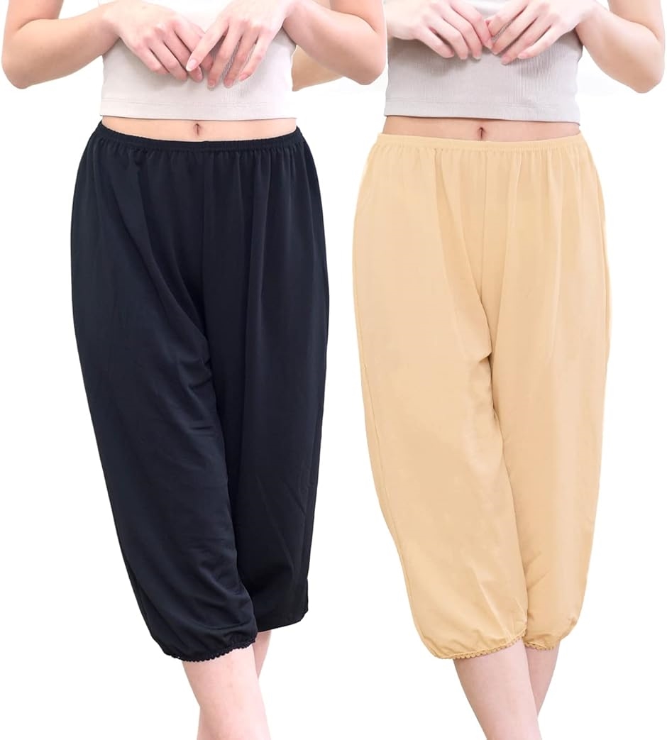 レディース 女性 パンツ ペチコート ペチパンツ インナー 無地 裾ゴム 透け防止(ブラック＆ベージュ,  L-LL)