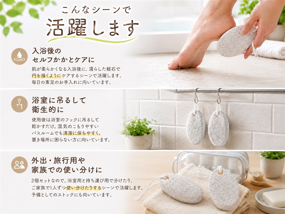天然軽石 かかと 角質取り お風呂 ぶら下げ 吊るせる ストラップ付 2個