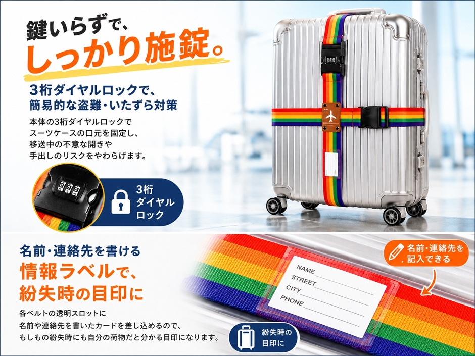 スーツケースベルト 鍵付き ロック 十字 3桁ダイヤル式 収納袋付き 2本