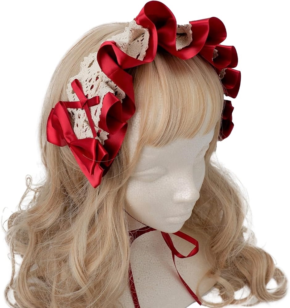 ヘッドドレス ヘア バンド ロリィタ 姫ロリ 髪飾り 衣装 フリル(レッド)