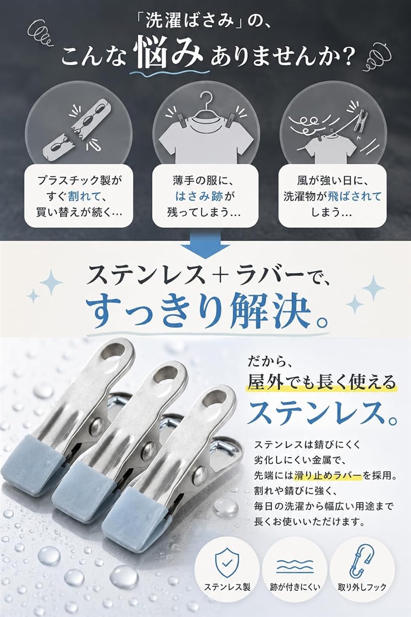 洗濯ばさみ ステンレス 滑り防止 ラバー付き ピンチハンガー 改良型 10